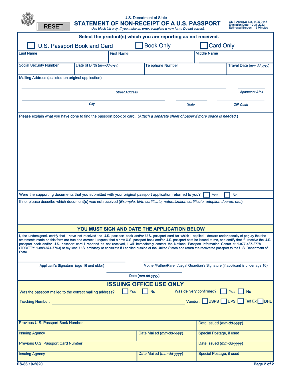 Statement You Did Not Receive Your US Passport. Form DS86 Forms